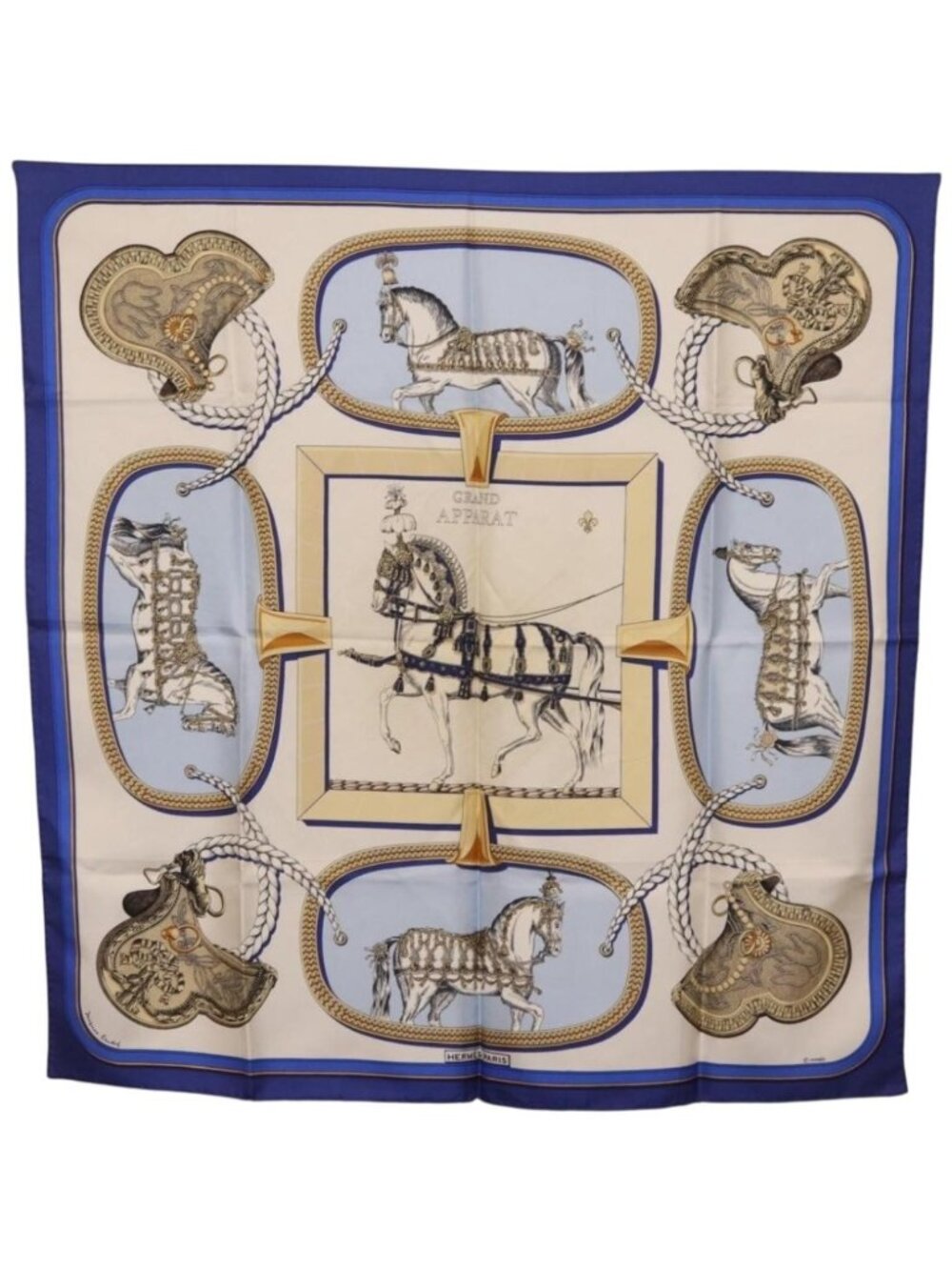 HERMES Carre 90 Scarf ”GRAND APPARAT” Silk Blue
